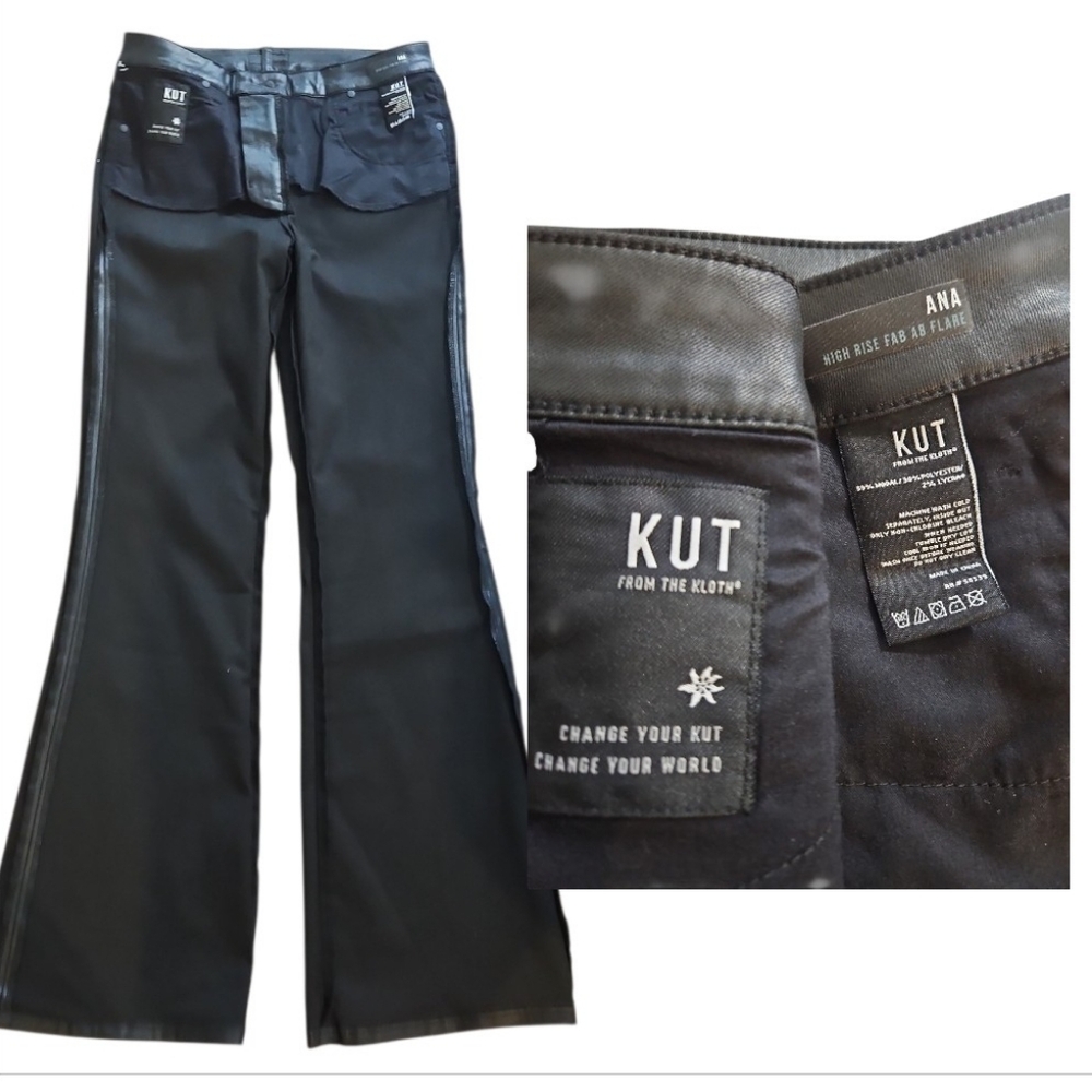 KUT from the Kloth Ana High Rise Fab Ab Coated Flare Pants Black 6 - Picture 11 of 12